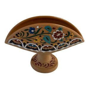 Vintage Keramik Manousakis Hand Painted Greece Ceramic Floral Fan Vase Signed